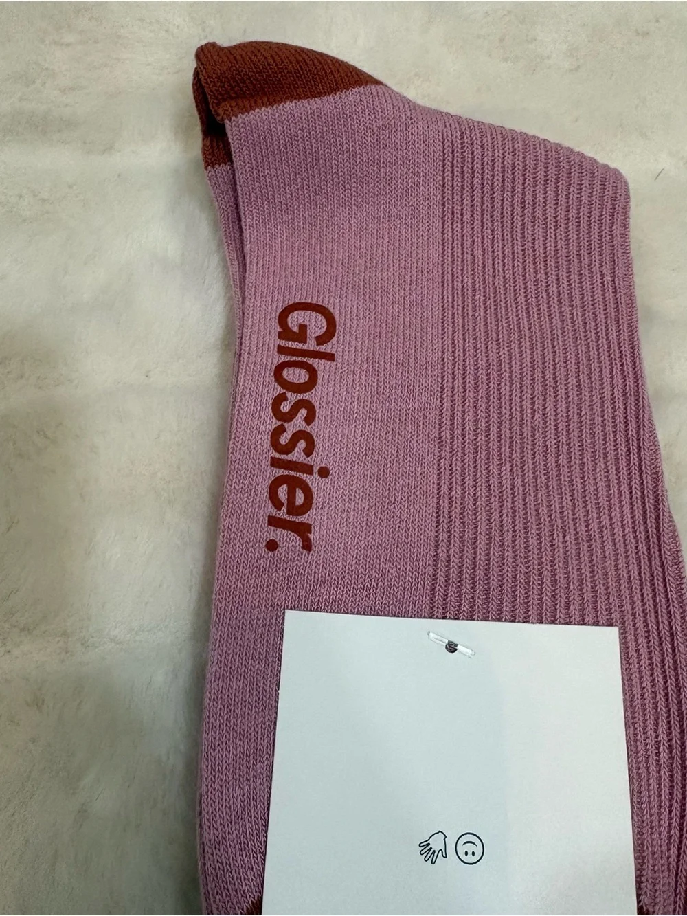 Glossier Pink Crew Socks with Brown Toe and Heel
